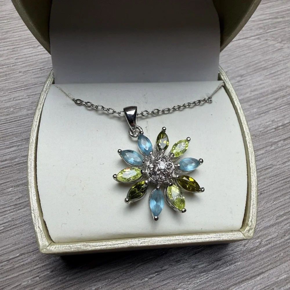 Multi Gemstone Flower Pendant Necklace Blue Green White